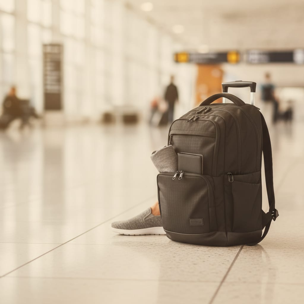 Comfortable shoes that slip off easily are key to a relaxed flight