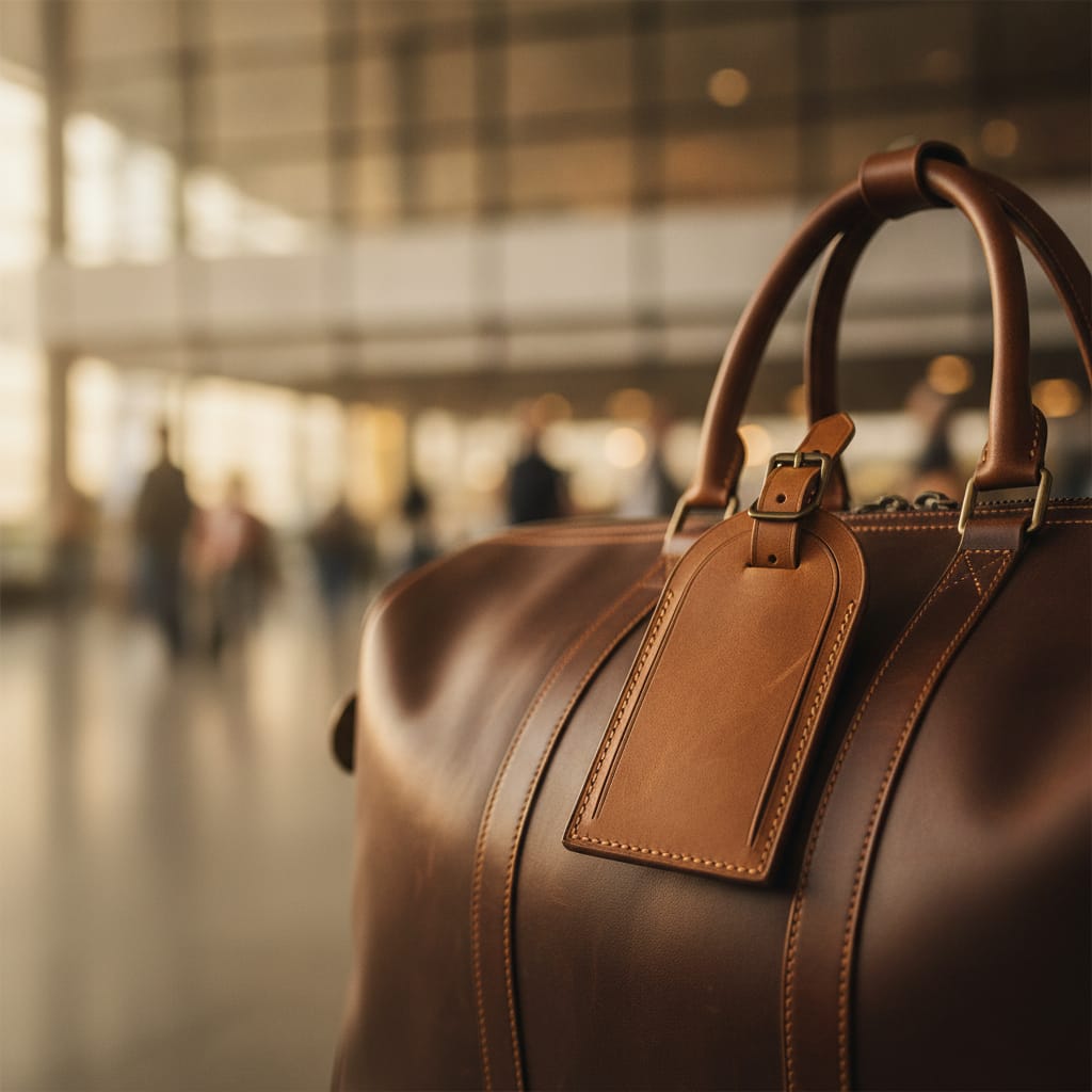 A quality leather ID tag to prevent mix-ups at the baggage belt